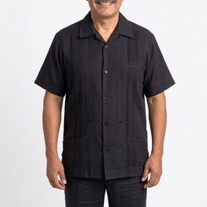 Colli Linen Guayabera Shirt Mens 40 Black Embroidered Mexican Short Sleeve